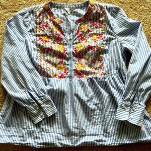 CROWN & IVY Floral Embroidered Multicolored Striped Top